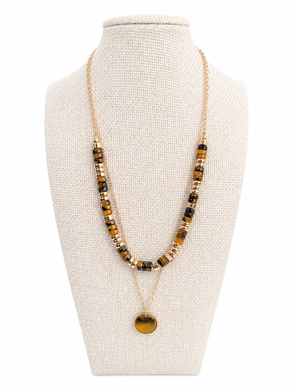Gold Tone Layered Necklace Brown Black Beads Medallion Boho Statement